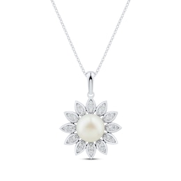 Cultured Pearl & White Lab-Created Sapphire Marquise Petal Flower Necklace Sterling Silver 18&quot;