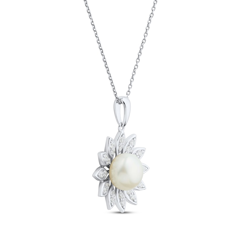 Main Image 2 of Cultured Pearl & White Lab-Created Sapphire Marquise Petal Flower Necklace Sterling Silver 18&quot;