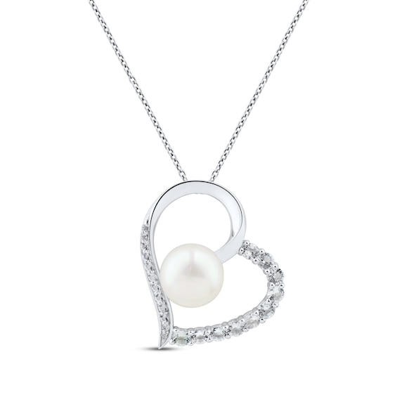 Cultured Pearl & White Lab-Created Sapphire Tilted Heart Necklace Sterling Silver 18"