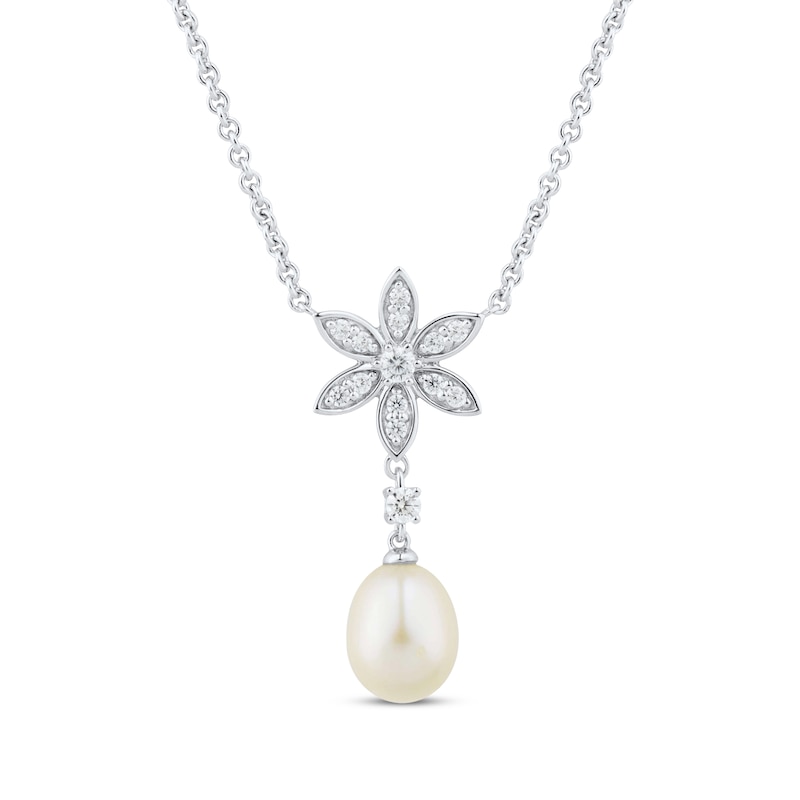 Main Image 1 of Cultured Pearl & White Lab-Created Sapphire Flower Drop Necklace Sterling Silver 18&quot;