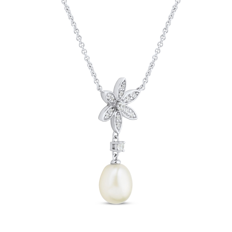 Main Image 2 of Cultured Pearl & White Lab-Created Sapphire Flower Drop Necklace Sterling Silver 18&quot;