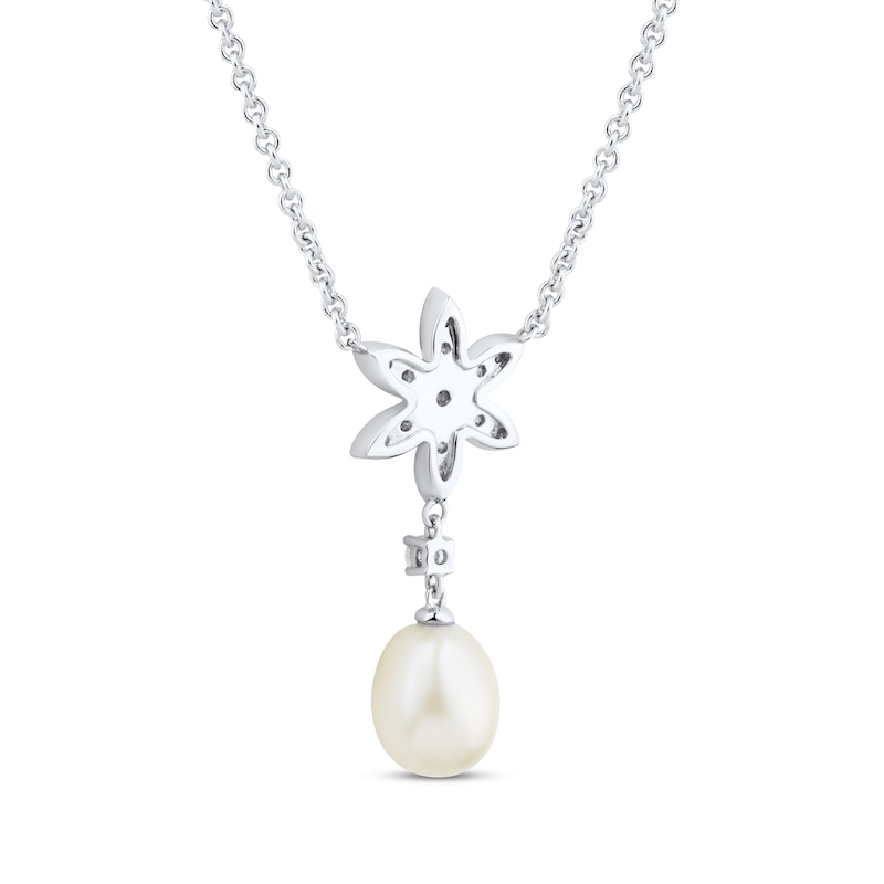 Main Image 3 of Cultured Pearl & White Lab-Created Sapphire Flower Drop Necklace Sterling Silver 18&quot;