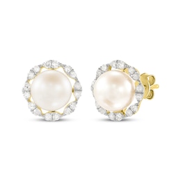 Cultured Pearl & Diamond Stud Earrings 1/5 ct tw 10K Yellow Gold