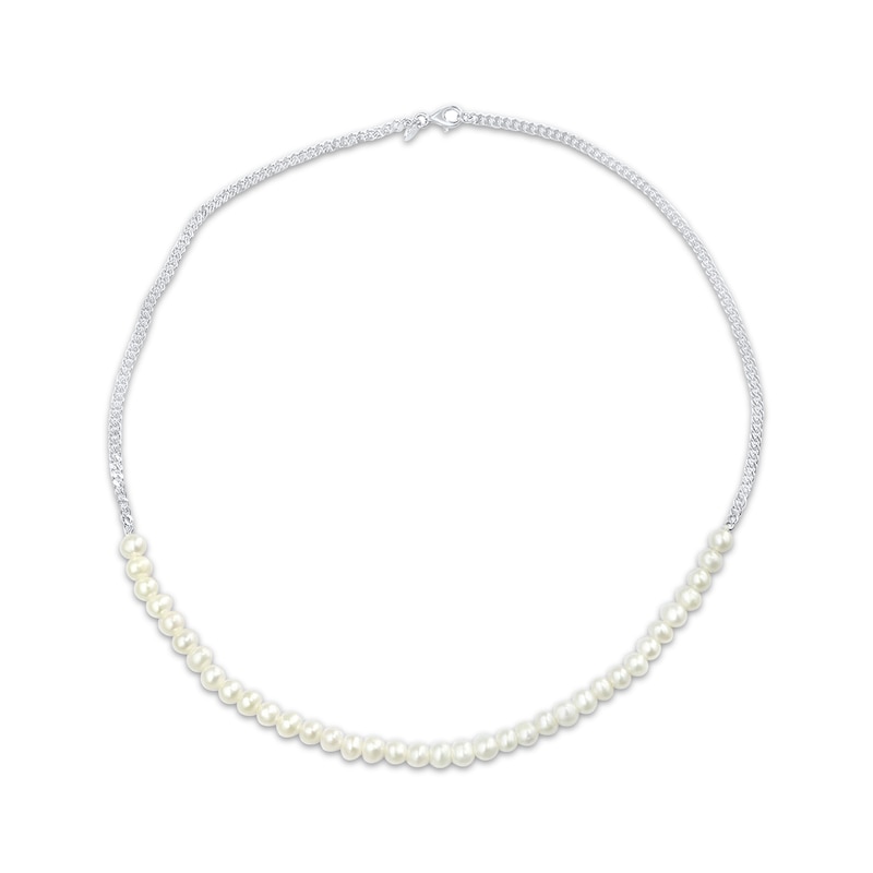 Cultured Pearl & Curb Chain Necklace Sterling Silver 18