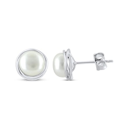 Cultured Pearl Orbit Frame Stud Earrings Sterling Silver