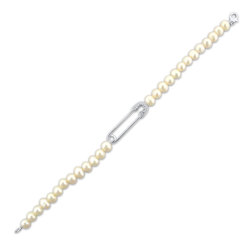 Main Image 2 of Cultured Pearl & White Lab-Created Sapphire Safety Pin Bracelet Sterling Silver 7.5&quot;