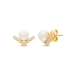 Cultured Pearl & White Lab-Created Sapphire V Stud Earrings 10K Yellow Gold