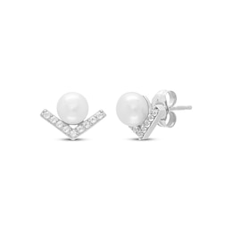 Cultured Pearl & White Lab-Created Sapphire V Stud Earrings Sterling Silver