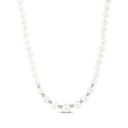 Cultured Pearl & White Lab-Created Sapphire Graduated Strand Necklace Sterling Silver 17&quot;