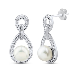 Cultured Pearl & White Lab-Created Sapphire Doorknocker Earrings Sterling Silver