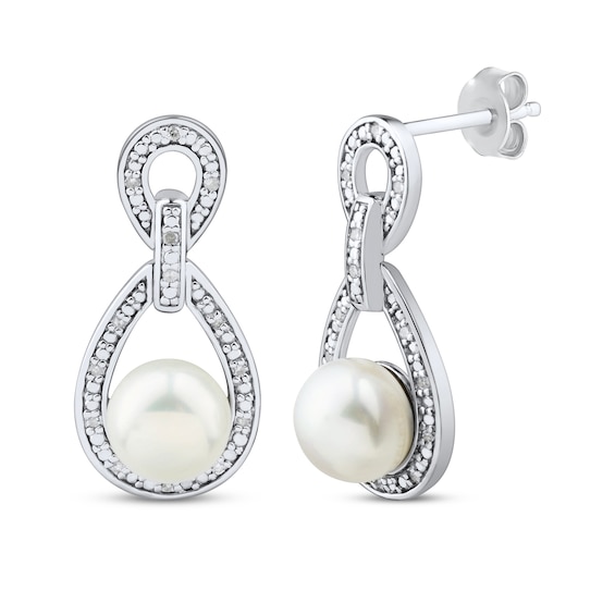 Cultured Pearl & White Lab-Created Sapphire Doorknocker Earrings Sterling Silver