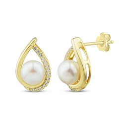 Cultured Pearl & White Lab-Created Sapphire Teardrop Frame Earrings 10K Yellow Gold