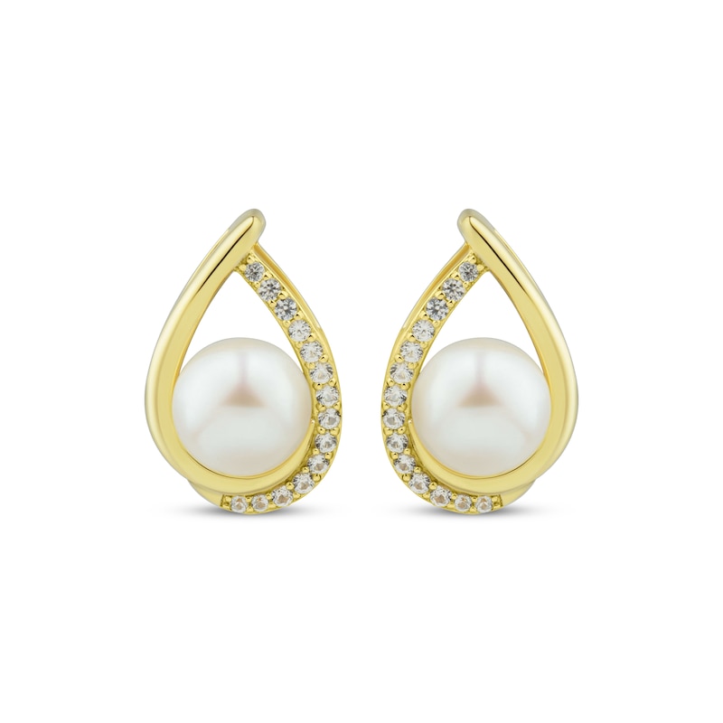 Main Image 2 of Cultured Pearl & White Lab-Created Sapphire Teardrop Frame Earrings 10K Yellow Gold