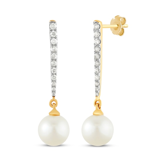 Diamond & Cultured Pearl Drop Earrings 1/5 ct tw 10K Yellow Gold