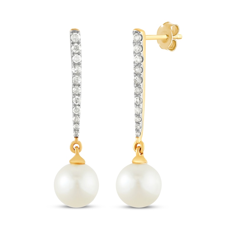 Main Image 1 of Diamond & Cultured Pearl Drop Earrings 1/5 ct tw 10K Yellow Gold