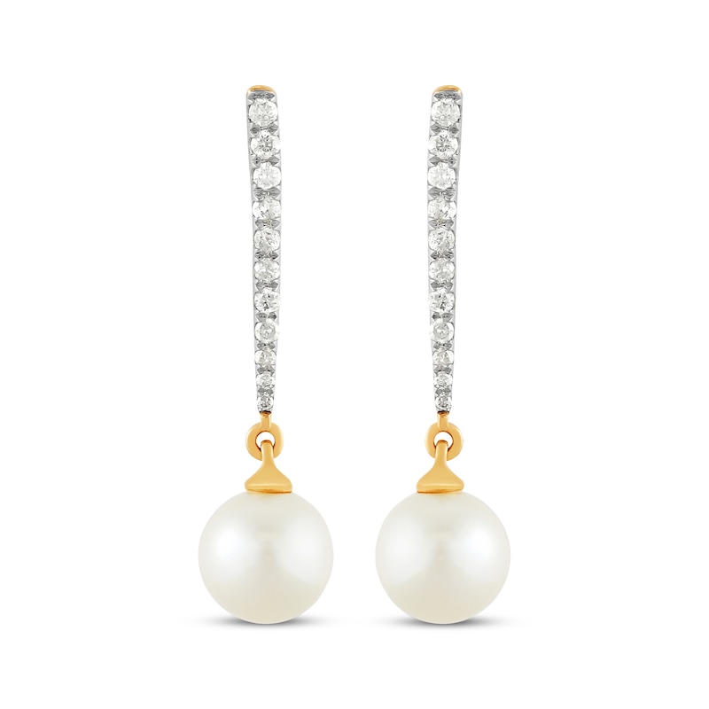 Main Image 2 of Diamond & Cultured Pearl Drop Earrings 1/5 ct tw 10K Yellow Gold