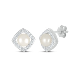 Cultured Pearl & Diamond Frame Stud Earrings 1/5 ct tw Sterling Silver