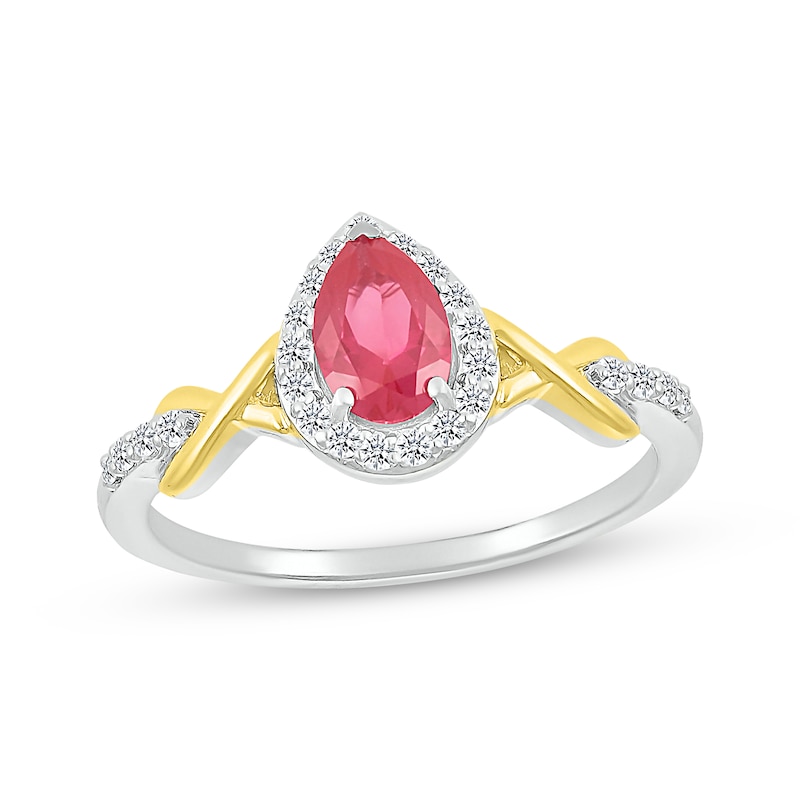 Main Image 1 of Pear-Shaped Lab-Created Ruby & White Lab-Created Sapphire Twist Ring Sterling Silver & 10K Yellow Gold