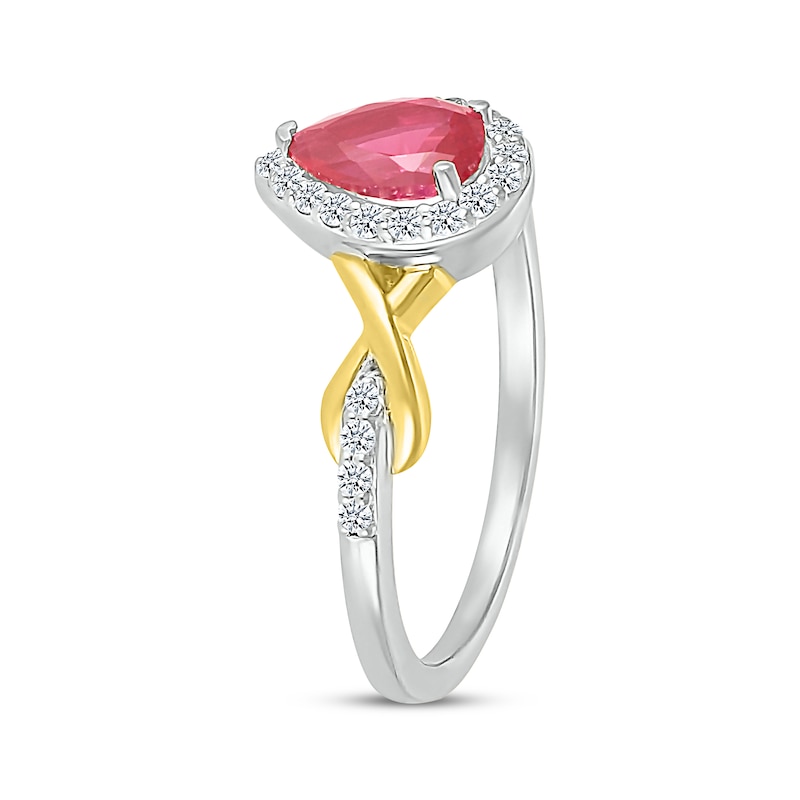 Main Image 2 of Pear-Shaped Lab-Created Ruby & White Lab-Created Sapphire Twist Ring Sterling Silver & 10K Yellow Gold