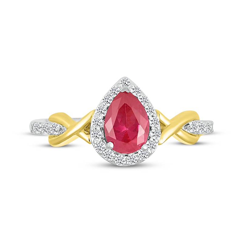 Main Image 4 of Pear-Shaped Lab-Created Ruby & White Lab-Created Sapphire Twist Ring Sterling Silver & 10K Yellow Gold