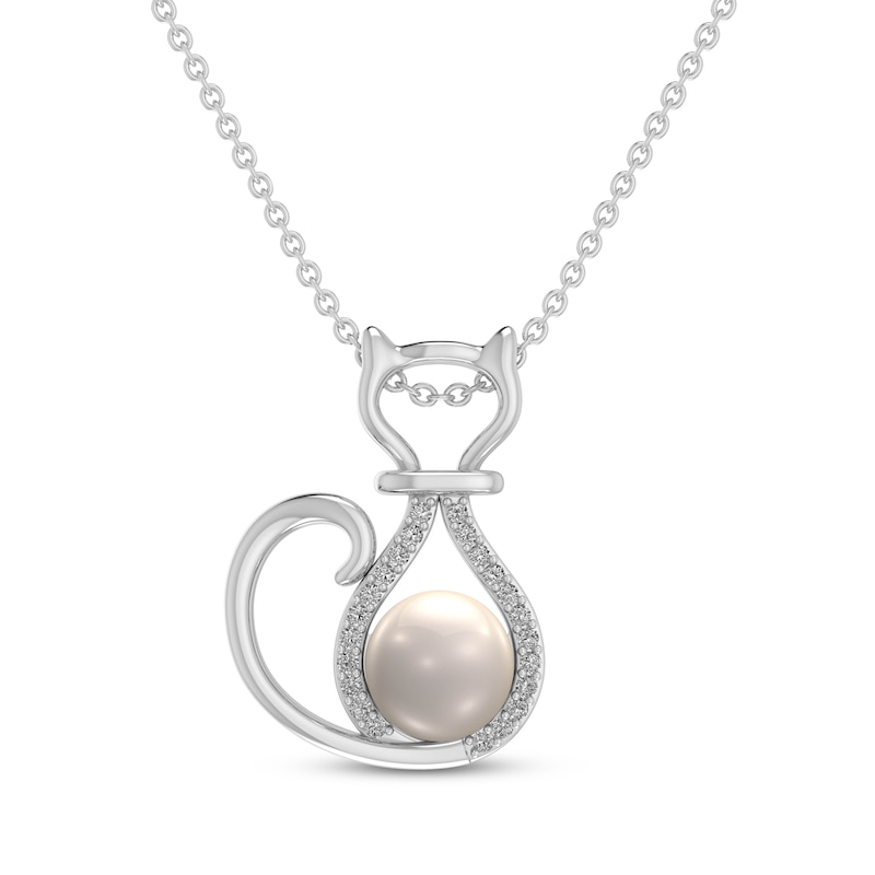 Main Image 1 of Cultured Pearl & White Lab-Created Sapphire Cat Necklace Sterling Silver 18&quot;