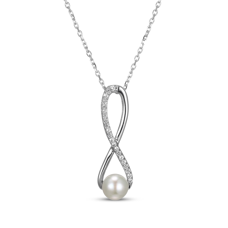 Main Image 1 of Cultured Pearl & White Lab-Created Sapphire Swirl Necklace Sterling Silver 18&quot;