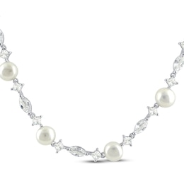 Marquise & Square Cut White Lab-Created Sapphire & Cultured Pearl Station Necklace 17&quot;