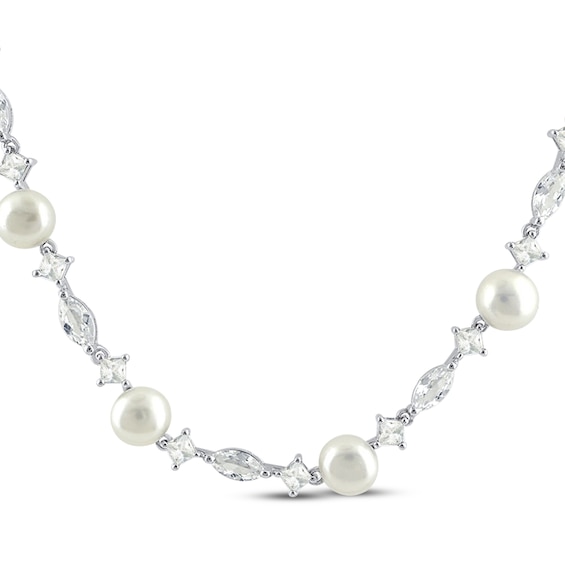 Marquise & Square Cut White Lab-Created Sapphire & Cultured Pearl Station Necklace 17"