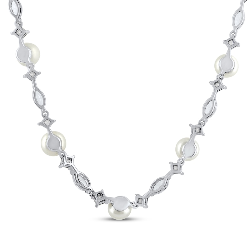 Main Image 2 of Marquise & Square Cut White Lab-Created Sapphire & Cultured Pearl Station Necklace 17&quot;