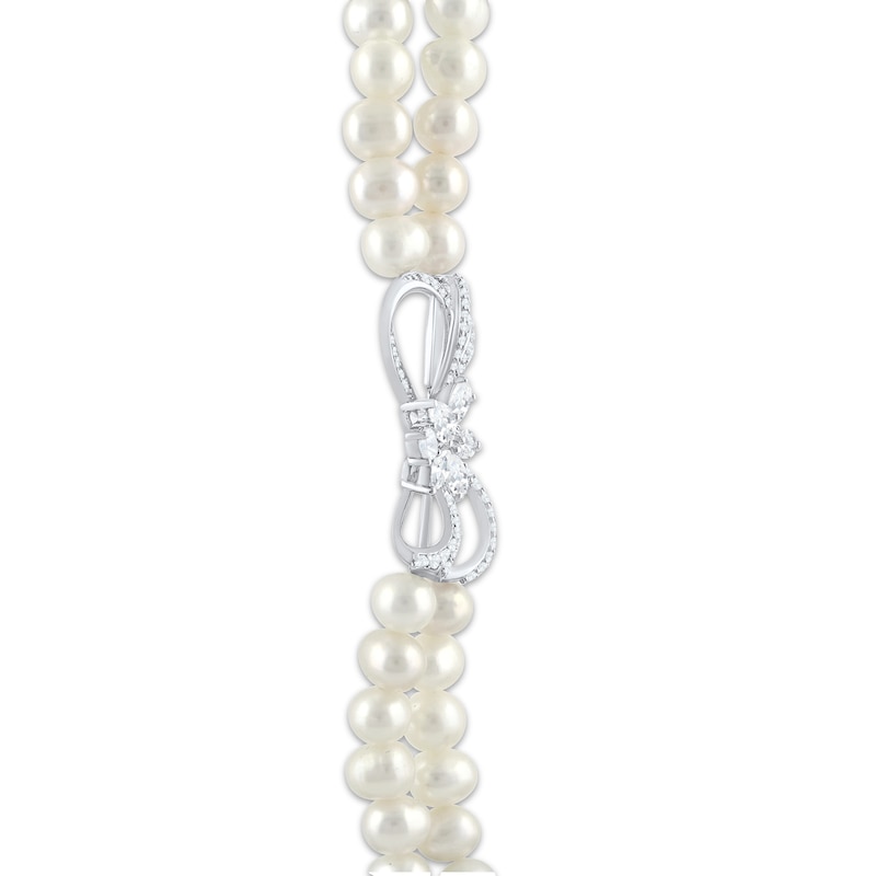 Main Image 2 of Cultured Pearl Double Strand & White Lab-Created Sapphire Bow Necklace Sterling Silver 19&quot;