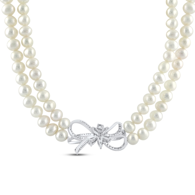 Main Image 3 of Cultured Pearl Double Strand & White Lab-Created Sapphire Bow Necklace Sterling Silver 19&quot;