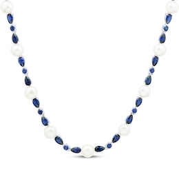 Pear-Shaped & Round-Cut Blue Lab-Created Sapphire, Cultured Pearl Station Necklace Sterling Silver 17&quot;