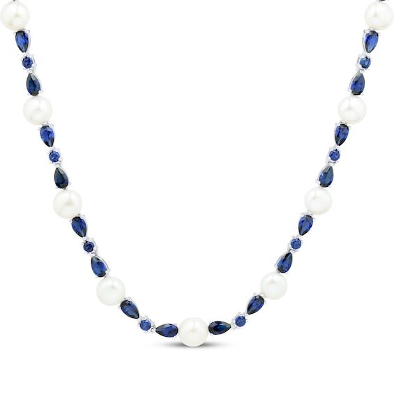 Pear-Shaped & Round-Cut Blue Lab-Created Sapphire, Cultured Pearl Station Necklace Sterling Silver 17"