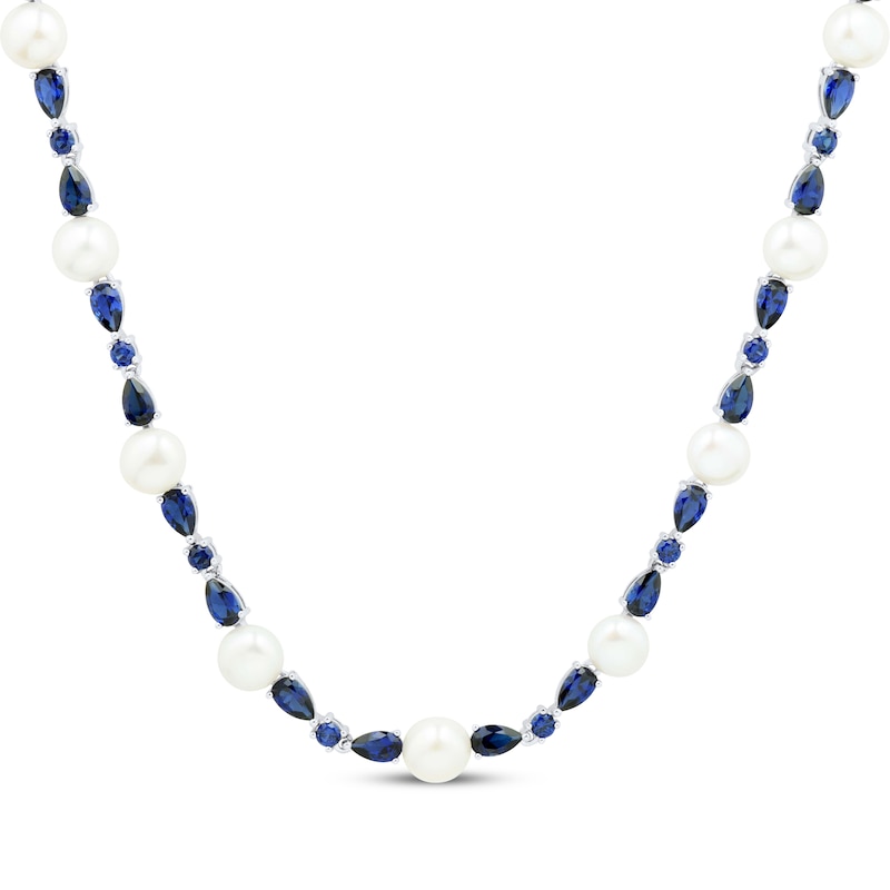 Main Image 1 of Pear-Shaped & Round-Cut Blue Lab-Created Sapphire, Cultured Pearl Station Necklace Sterling Silver 17&quot;