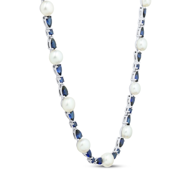 Main Image 2 of Pear-Shaped & Round-Cut Blue Lab-Created Sapphire, Cultured Pearl Station Necklace Sterling Silver 17&quot;