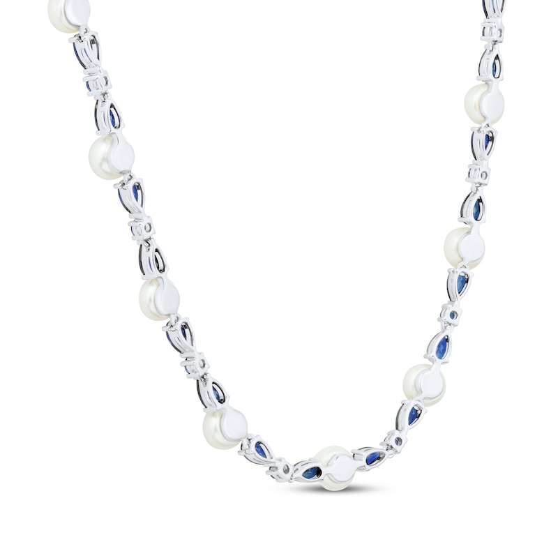 Main Image 3 of Pear-Shaped & Round-Cut Blue Lab-Created Sapphire, Cultured Pearl Station Necklace Sterling Silver 17&quot;