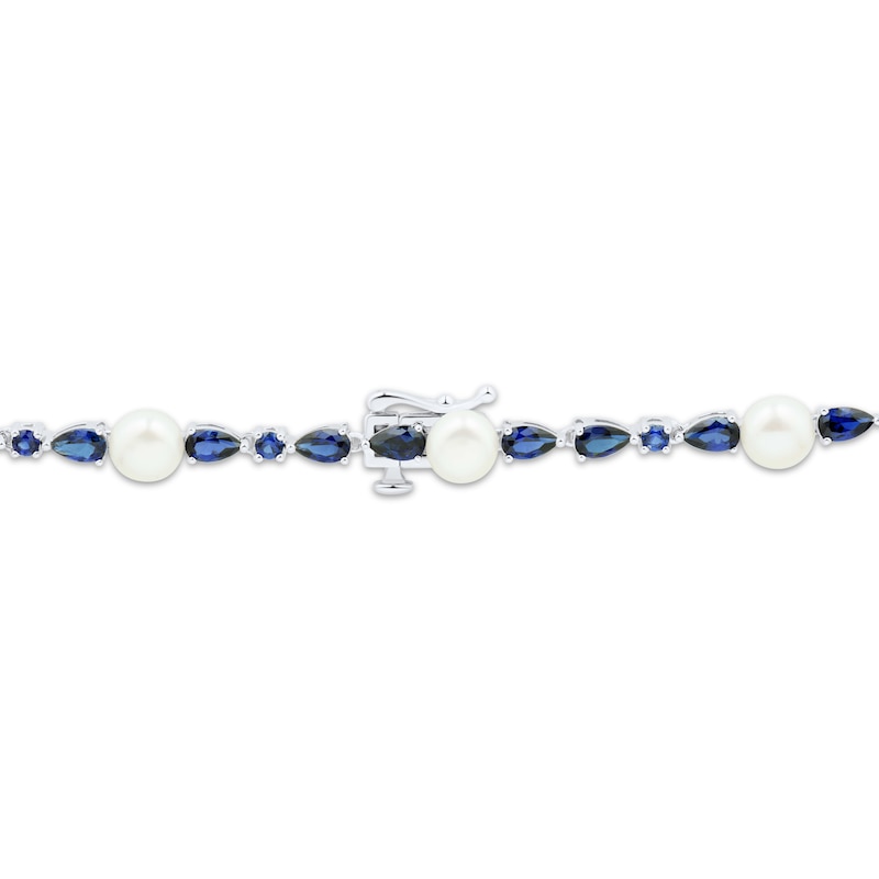 Main Image 4 of Pear-Shaped & Round-Cut Blue Lab-Created Sapphire, Cultured Pearl Station Necklace Sterling Silver 17&quot;