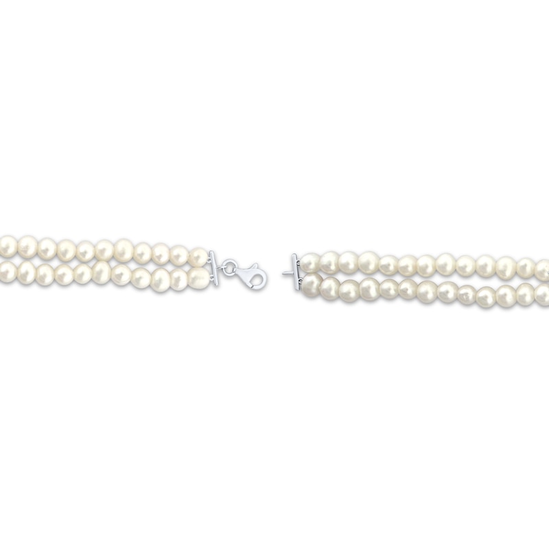 Main Image 3 of Cultured Pearl Double Strand & White Lab-Created Sapphire Bow Bracelet Sterling Silver 7.5&quot;