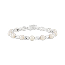 Cultured Pearl & Oval-Cut White Lab-Created Sapphire Link Bracelet Sterling Silver 7.5&quot;