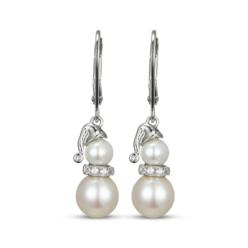 Main Image 2 of Cultured Pearl & White Lab-Created Sapphire Snowman Dangle Earrings Sterling Silver