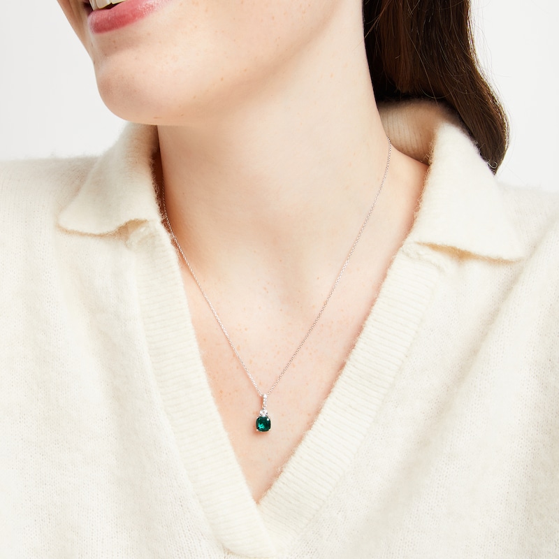 Main Image 3 of Cushion-Cut Lab-Created Emerald & White Lab-Created Sapphire Necklace Sterling Silver 18&quot;