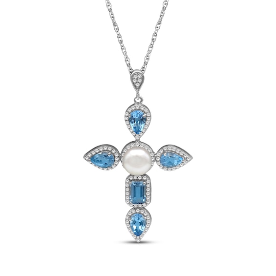 Multi-Shape Swiss Blue Topaz, Cultured Pearl & White Lab-Created Sapphire Cross Necklace Sterling Silver 18"