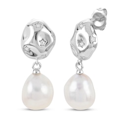 Baroque Cultured Pearl & White Lab-Created Sapphire Drop Earrings Sterling Silver