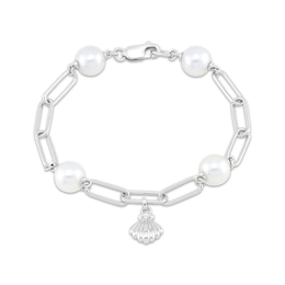 Cultured South Sea Pearl & White Lab-Created Sapphire Shell Charm Paperclip Bracelet Sterling Silver 7.25&quot;
