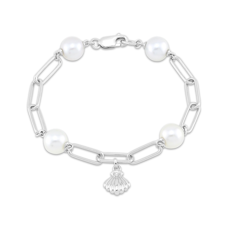 Main Image 1 of Cultured South Sea Pearl & White Lab-Created Sapphire Shell Charm Paperclip Bracelet Sterling Silver 7.25&quot;