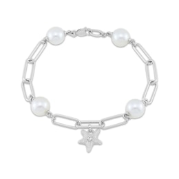 Cultured South Sea Pearl & White Lab-Created Sapphire Starfish Charm Paperclip Bracelet Sterling Silver 7.25&quot;