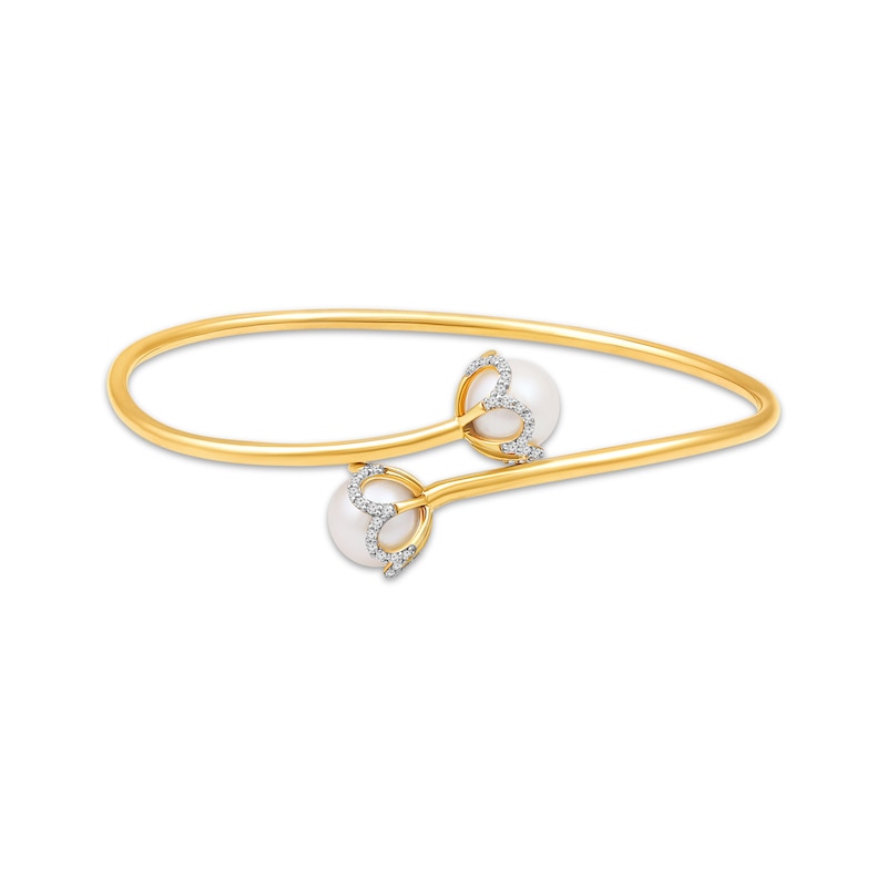 Main Image 1 of Cultured Pearl & Diamond Bypass Flower Bangle Bracelet 1/4 ct tw 10K Yellow Gold