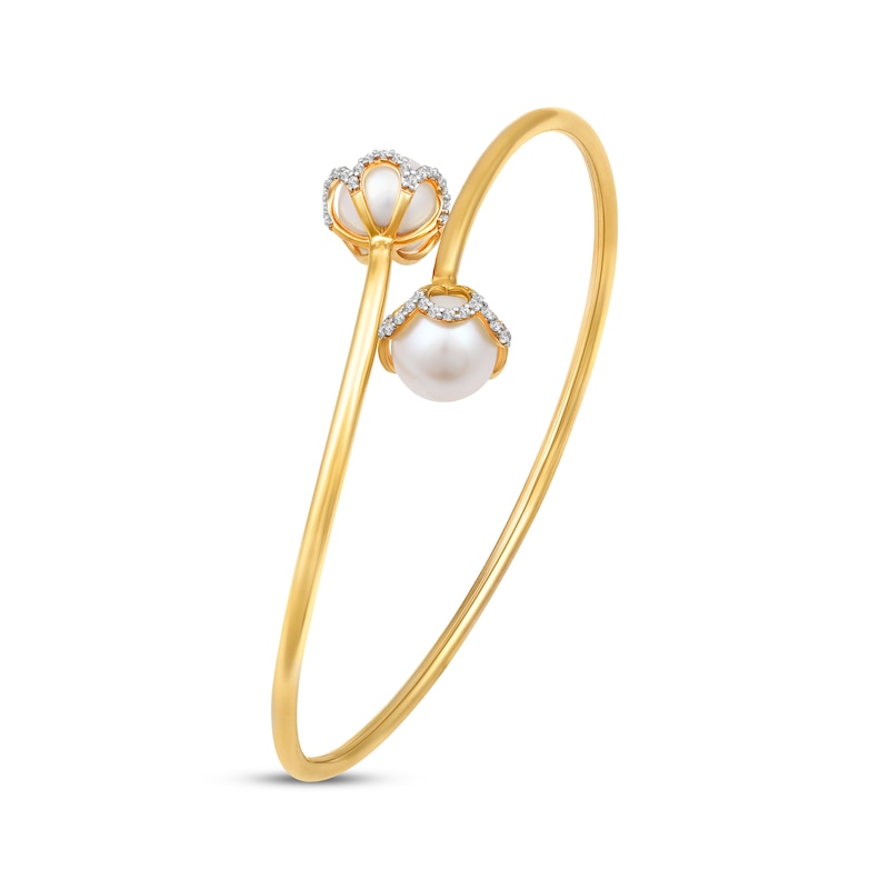 Main Image 2 of Cultured Pearl & Diamond Bypass Flower Bangle Bracelet 1/4 ct tw 10K Yellow Gold