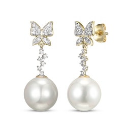 Cultured Pearl & Diamond Butterfly Drop Earrings 1/6 ct tw 10K Yellow Gold