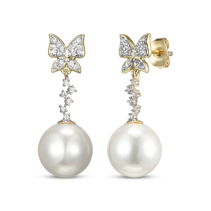 Main Image 1 of Cultured Pearl & Diamond Butterfly Drop Earrings 1/6 ct tw 10K Yellow Gold